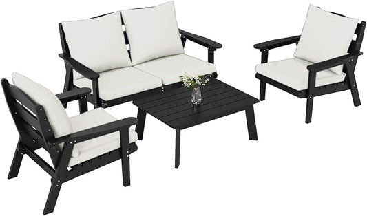FOOWIN 4-Piece Patio Furniture Set, HDPE All-Weather Outdoor Conversation Set with Thick Cushions, Sectional Patio Sofa Furniture for Deck, Porch, Lawn, Garden, Black Frame & White Cushion