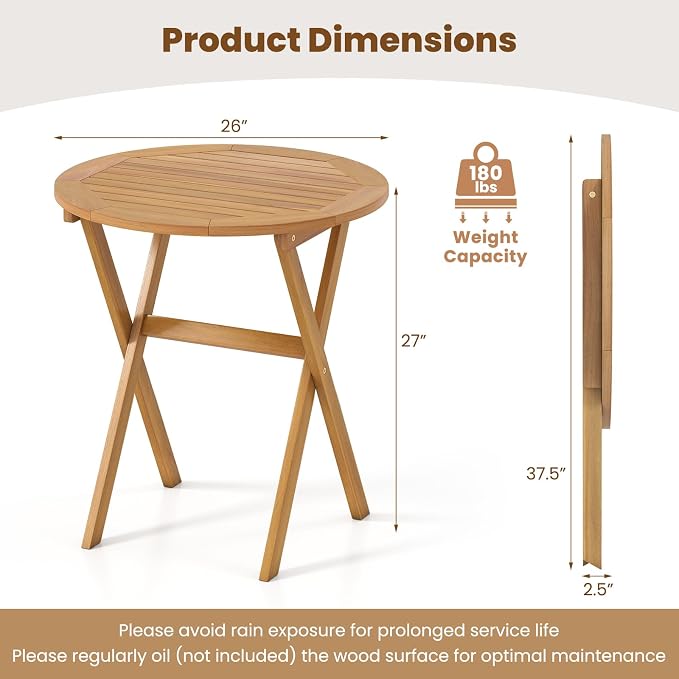 HAPPYGRILL Folding Acacia Wood Patio Table, Round Outdoor Bistro Table 26”, Outside Wooden Coffee Side Table for Porch Balcony Garden and Backyard (2)