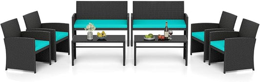 RELAX4LIFE 8-Piece Patio Furniture Set - Wicker Rattan Outdoor Sectional Sofa Set w/Glass Coffee Table, Loveseat, Chairs & Soft Cushions, Bistro Conversation for Garden Porch (2, Black-Turquoise)