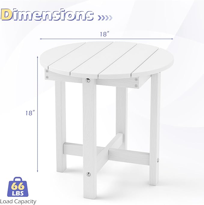 Tangkula Round Outdoor Side Table Set of 2, Adirondack Side Table with Weather-Resistant, Waterproof Top, Small Outside End Table for Patio Deck Pool Porch, Easy Maintenance (White,2)