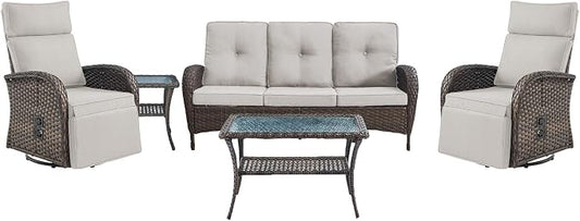 5 Piece Patio Furniture Set with Swivel Recliner Chair - Removable Outdoor Patio Couch Set, Chaise Lounge Chair Outdoor with Adjustable Backrest and Footrest and Coffee Table for Casual Gathering