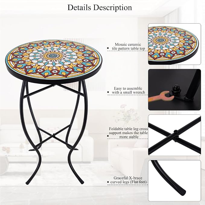 Mosaic Outdoor Side Table Small Round Patio Table Plant Stand | 21" Accent End Table with 14" Ceramic Tile Top for Small Spaces Porch Pool Garden Decor Indoor Living Room Bedroom Balcony