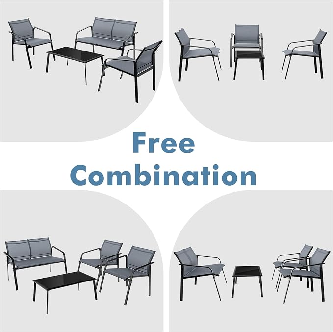 Tangkula 4 Pieces Patio Furniture Set, Outdoor Conversation Set with Tempered Glass Coffee Table, Outdoor Bistro Set with Fabric and Anti-Rust Steel Frame for Garden, Poolside and Backyard (Gray)