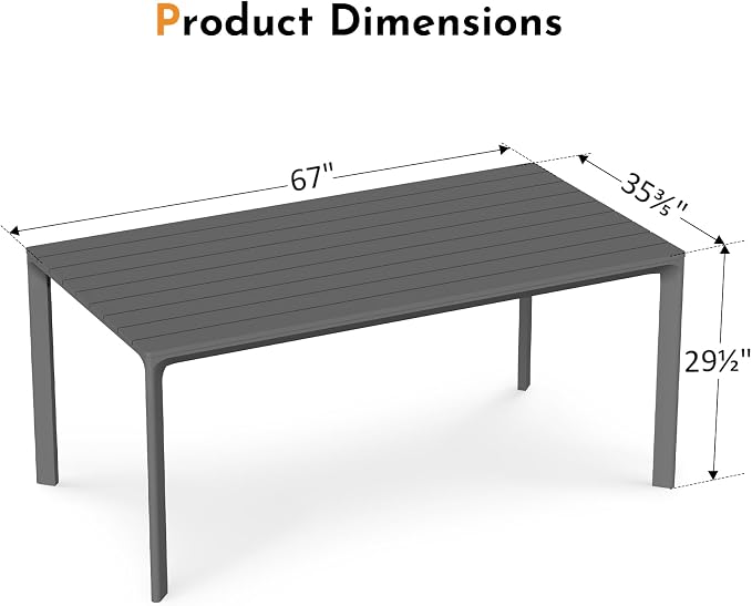 Modern Shade Cavo 67" All-Aluminum Outdoor Patio Dining Table, Minimalist Aluminum Patio Table with Elegant Easy-Clean Surface, Weather-Resistant Outdoor Dining Table for Garden, Indoor, Gray