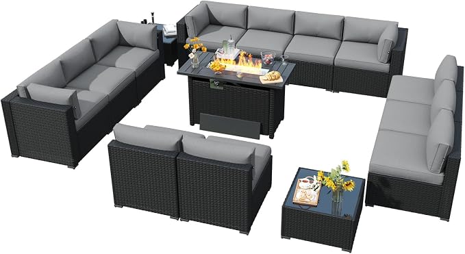LazySunsets 15 Piece Outdoor Patio Furniture Set with 44'' Fire Pit Table, Outdoor Patio Furniture Set with Thicken Cushion, Wicker Rattan Outdoor Conversation Set for Backyard & Garden, Light Grey