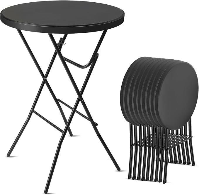 Bonnlo 32" Cocktail Table High Top Table, Folding Round Table Bar Height, HDPE Matrial with Gray Metal Finish for Outdoor Party, Backyard, Dining Room, Wedding Event,Black- 10PCS