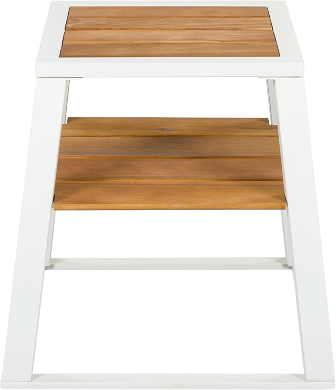 Christopher Knight Home Tova 2-Tier Acacia Wood Outdoor Side Table, Decorative Square Small Accent Table with Slatted Design, Weather Resistant Patio End Table with Iron Frame for Balcony, Teak+White