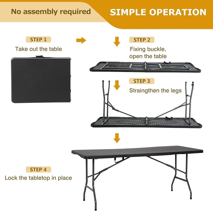 6FT White Folding Table, Portable Collapsible Dinner Table – Indoor/Outdoor Use for Camping, Patio, Yard, Wedding, Party & Cocktail Display, 500LBS (Black Ratten)