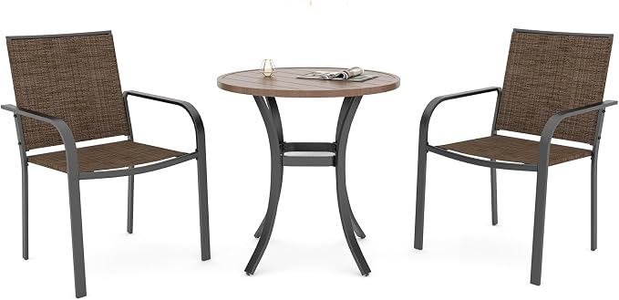 Anmutig Small Outdoor Dining Set with Patio 27.5" Round Wood-Like Brown Table Top and 2 Brown Stackable Chairs - 3 Piece