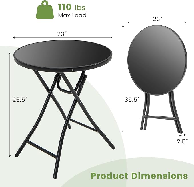 Giantex 23 Inch Round Bistro Table, Patio Folding Cocktail Table with Tempered Glass Tabletop, Heavy-Duty Metal Frame, Outdoor Portable Bistro Table for Deck, Backyard, Poolside