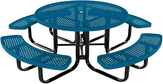 COATEDOUTDOORFURNITURE Heavy-Duty Portable Outdoor Kids Table with Umbrella Hole, Punched Steel Kids Picnic Table, Commercial-Grade, Made in America (46 in, Round, Childrens, Light Blue)