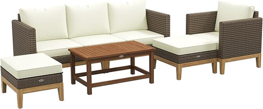 Outsunny Wooden Patio Furniture Set with Thick Padded Cushions, 5-Piece PE Rattan Sectional Sofa with Acacia Wood Top Coffee Table, Outdoor Conversation Set, Cream White