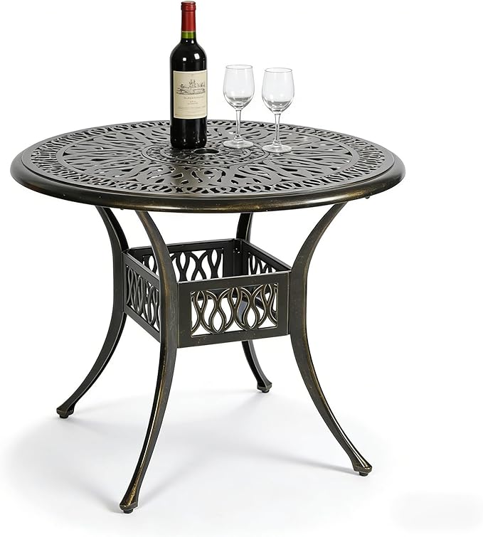 MEETWARM 35.4" Round Patio Dinning Table, Outdoor Cast Aluminum Dinning Table with 2" Umbrella Hole, Dark Bronze