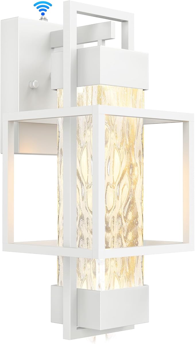Modern Outdoor Light Fixture Dusk to Dawn Outdoor Lighting, 15" H Exterior Wall Sconce Waterproof Porch Light, Outside Light for House with Water Glass for Garage Doorway, White
