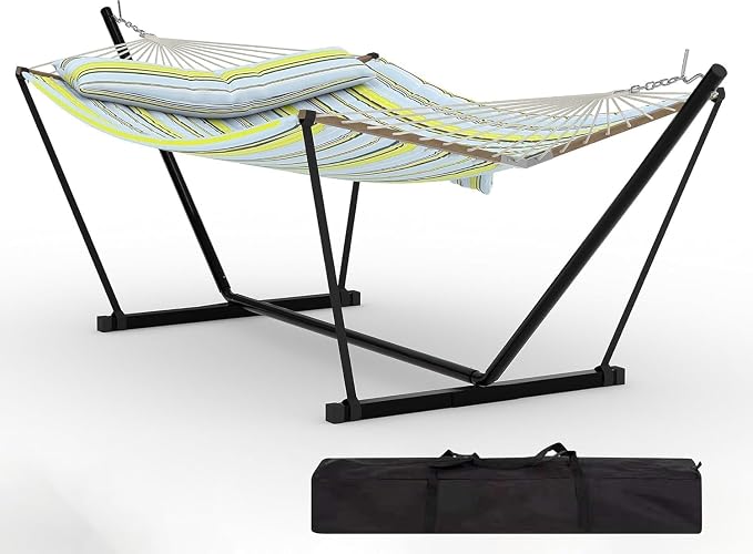 2 Person Outdoor Hammock with Stand, 450LBS Capacity, Heavy Duty Hammock with Carrying Bag & Soft Pillow, Portable Indoor Outdoor Hammock, Perfect for Backyard Patio Beach