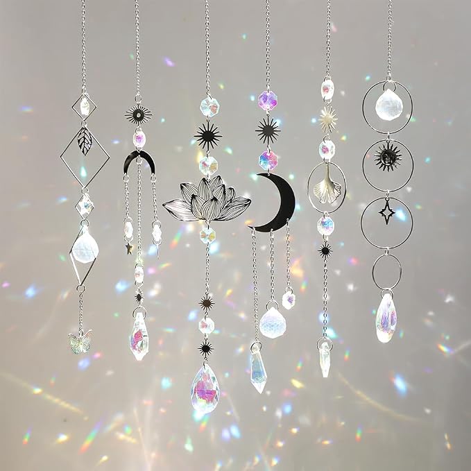Sun Catchers, 6 Pcs Colorful Suncatchers Decorative Hanging Crystal Prism | Rainbow Maker with Silver Moon Sun Metal Forms Suncatcher Kit for Window Indoor Outdoor Car Mirror Decor Xmas Gift