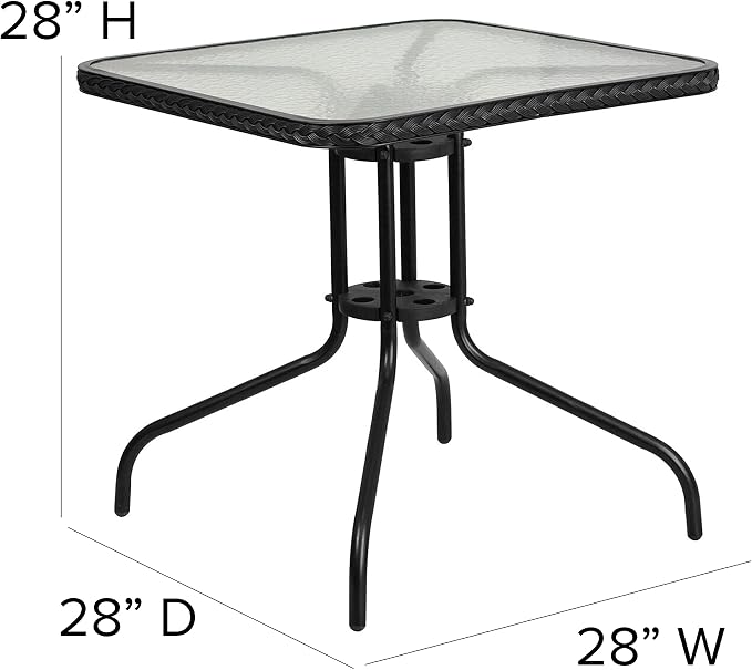 EMMA + OLIVER 28" Square Tempered Glass Metal Table with Black Rattan Edge