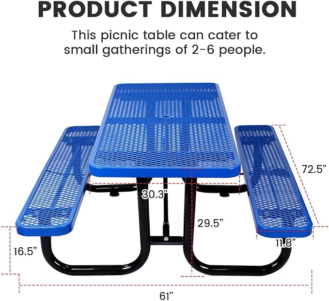 72" Rectangular Metal Picnic Table for 4-8 Person, Durable Heavy Duty Commercial Picnic Table with Umbrella Hole for Outdoor Coffee Shop, School, Hospital, Easy to Install, Blue
