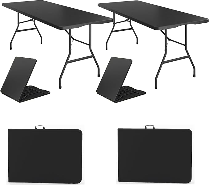 BTEXPERT Set of 2, 6FT Folding Table Thick Heavy Duty Portable Foldable Table, 72" Long Fold-in-Half Plastic Utility Tables for Party Dining Wedding Events Picnic Indoor Outdoor Camping Black