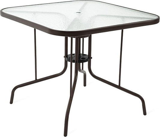 Patio Dining Table for 4 with Umbrella Hole, Outdoor 5 Piece Dining Set 36" x 36", Brown, for Garden Backyard Poolside Front Proch Outside