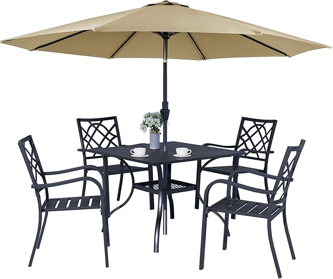 Crownland 5 Piece Outdoor Dining Set, Patio Metal Dining Sets, 4 Stackable Metal Chairs and Square Outdoor Dining Table with Khaki 9FT Round Outdoor Umbrella, for Backyard, Garden (Classic Black)