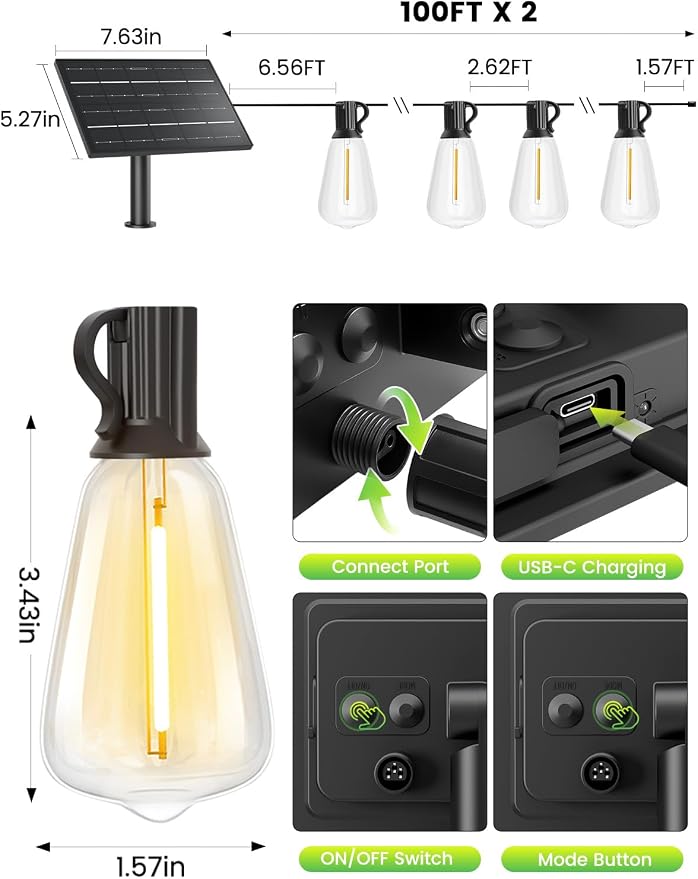Svater Solar Outdoor String Lights 200FT, ST38 Patio Lights Shatterproof Dimmable Vintage Edison Bulbs - Solar Powered Weatherproof Light for Patio, Backyard, Garden, Bistro(2X100 FT)