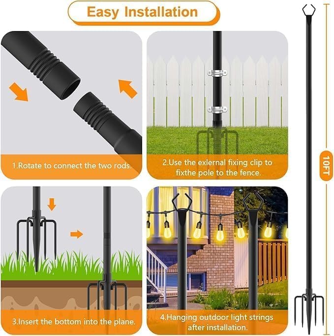 LETIANPAI 10Ft String Light Poles 2 Pack,Light Poles for Outside Lights,Outdoor with Fence Brackets Hanging Lights,Metal Stand Deck Patio Backyard