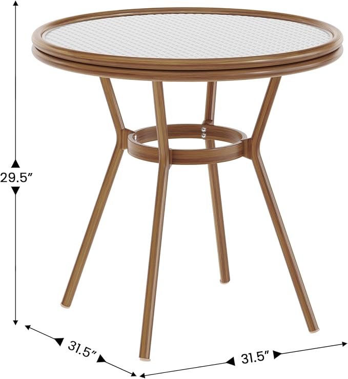 Flash Furniture Lourdes Indoor/Outdoor Commercial Bistro Table - Tempered Glass Top - PE Rattan - Natural Bamboo Print Aluminum Frame - 31.5" - White/Gray