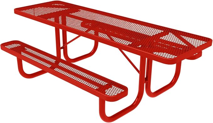 COATEDOUTDOORFURNITURE Heavy-Duty Portable ADA-Compliant Outdoor Picnic Table, Expanded Metal Patio Furniture Made in America (8ft Rectangular, Both-Side Handicap, Red with Red Frames)