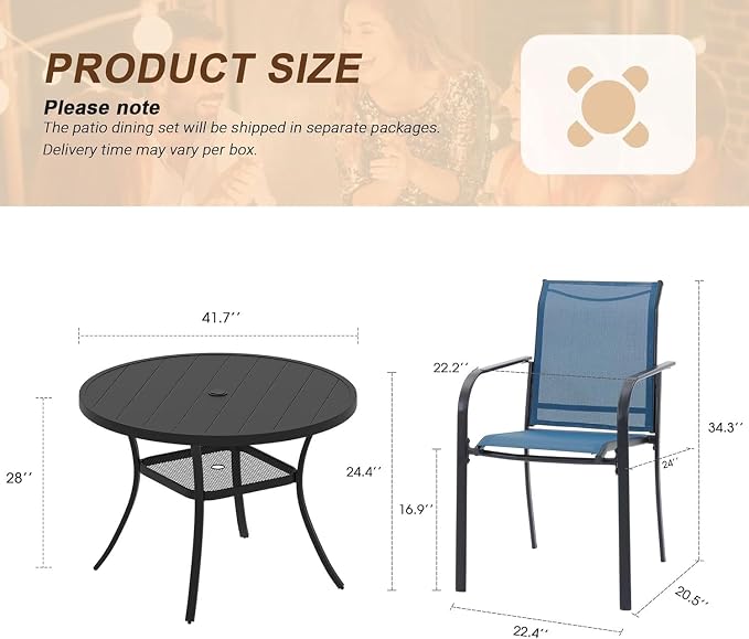 VICLLAX 5 Pieces Patio Outdoor Dining Set, 40.6" Round Metal Table with Umbrella Hole and 4 Stackable Textilene Chairs for Patio, Lawn, Garden, Porch, Black/Dark Blue