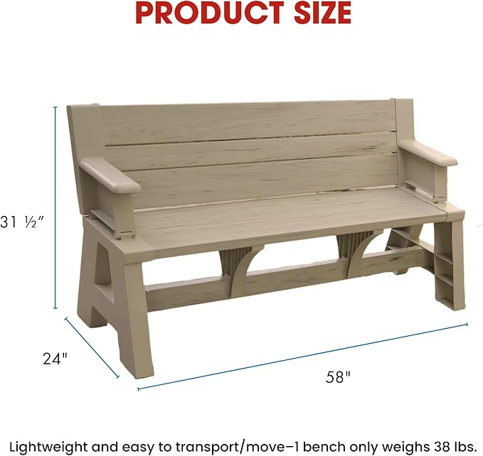 Convert-a-Bench Gen 1 2-in-1 Outdoor Convertible Bench to Picnic Table | Space-Saving, Weather-Resistant Patio Furniture for Yard, Deck, Garden | Easy Assembly & Durable - 1 Bench/Order, Driftwood