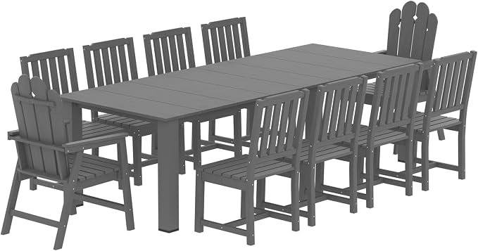 11 Piece Outdoor Table and Chairs Set, Large Patio Dining, Gray | 89.4” table,Large 10 seat patio dining set, mixed chair durable HDPE wood-look, fade and UV resistant for long-term outdoor