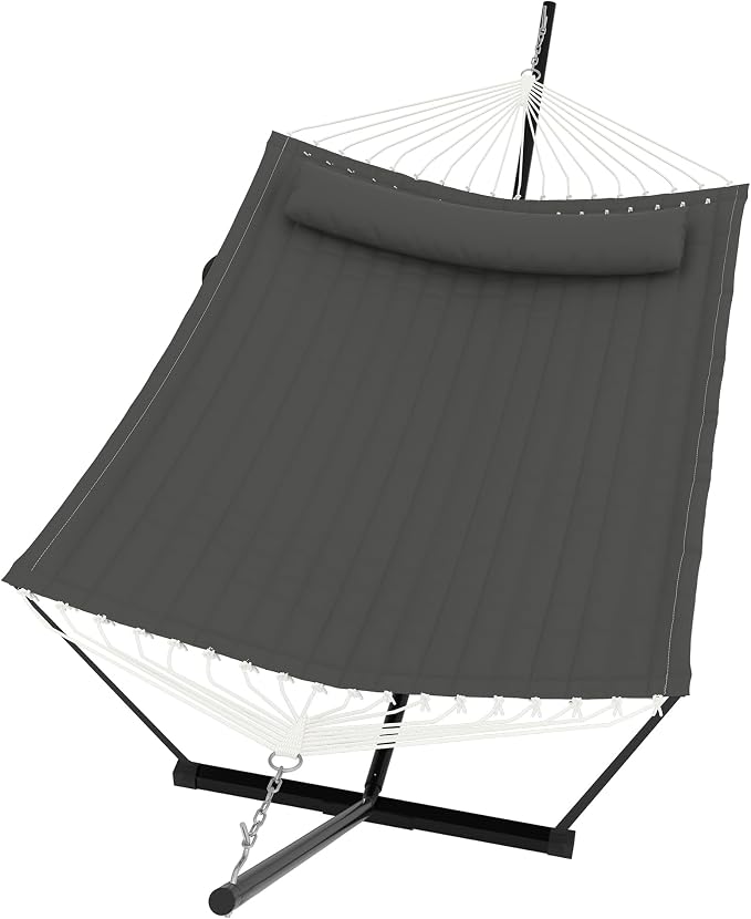 TrailBlaze Double Hammock with Stand and Pillow for 2 Persons – Large Freestanding Outdoor Hammock, 450 lbs Capacity – Wooden Spreader Bar, Balance Rope & Chains – Patio, Garden, Poolside – Offwhite