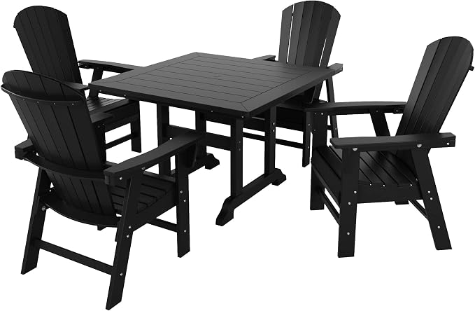 WestinTrends Dylan Adirondack Patio Dining Set for 4, All Weather Poly Lumber Outdoor Table and Chairs Set of 4, 43" Trestle Square Dining Table and Seashell Adirondack Dining Chair, Black