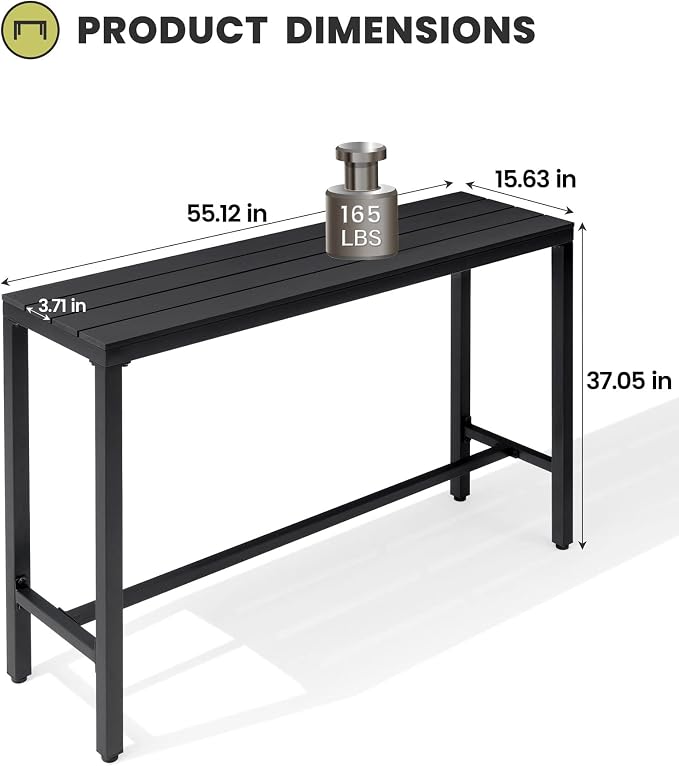 Crestlive Products Outdoor Bar Table, 55'' Rectangle Patio Counter Height Table High Pub Table with Waterproof Top and Sturdy Metal Frame for Balcony, Bistro, Garden, Backyard, Hot Tub (Black)