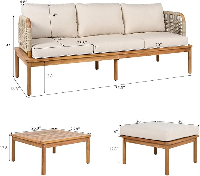 Patio Furniture Set of 3, Outdoor Sectional Furniture with Coffee Table and Ottoman, All-Weather Patio Conversation Set for Backyard, Garden and Poolside (Series A)