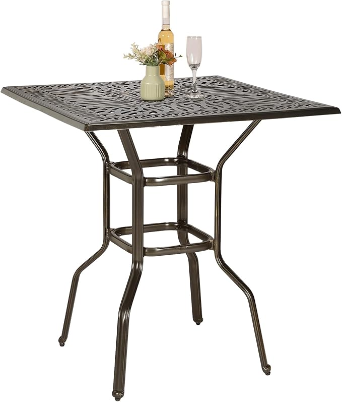 VIVIJASON 35.4" Patio Height Bar Table, All-Weather Cast Aluminum Bar Bistro Table Outdoor Patio Square Dining Table with 2.2" Umbrella Hole for Balcony, Lawn, Garden, Backyard, Antique Bronze