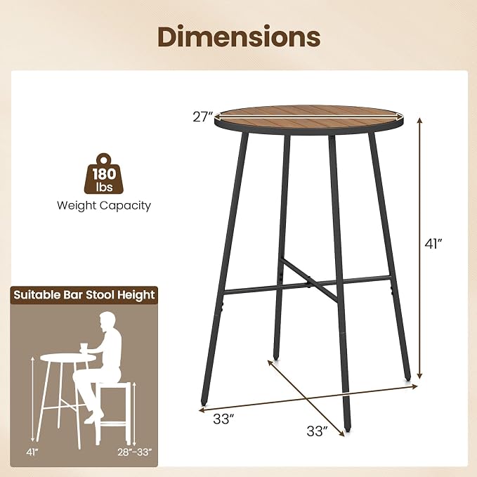 Giantex 41-inches Patio Bar Table, Acacia Wood Pub Table with Heavy-Duty Metal Frame, X-Shaped Support Bars, Adjustable Foot Pads, Round Cocktail Tables for Outdoor, Bistro, Balcony, Gathering