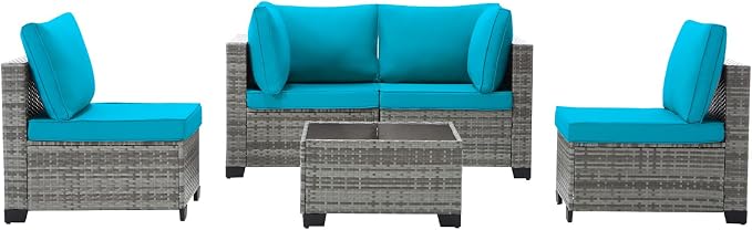 CANMOV 5 Pieces Patio Furniture Sets, All Weather Outdoor Patio Conversation Set, PE Wicker Rattan Sectional Sofa Couch Glass Coffee Table Washable Cushions for Backyard, Porch, Poolside, Peacock Blue