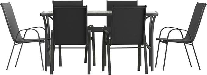 Merrick Lane Bardwell 7-Piece Outdoor Dining Table Set for 6, Glass Top Table with Hole for Umbrella, 6 Breathable Textilene Stackable Patio Chairs, Black/Black