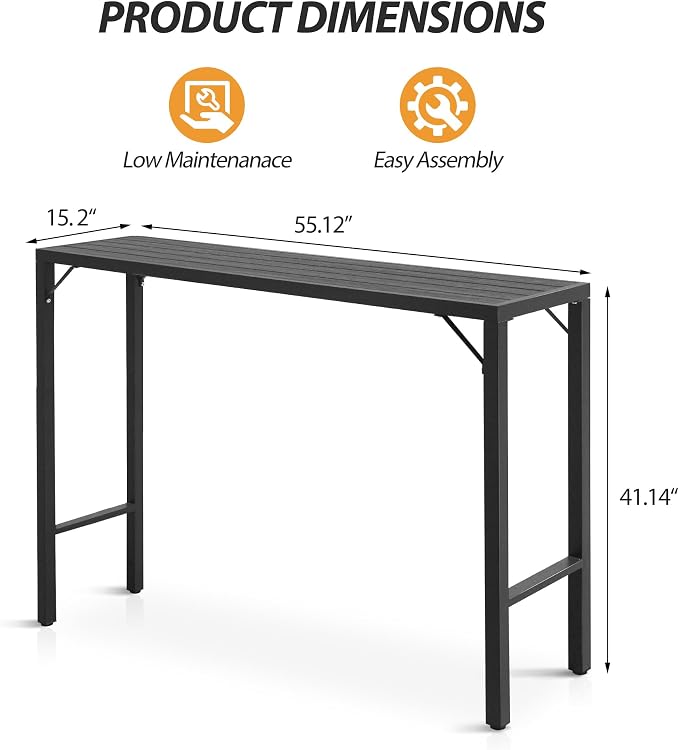 Outdoor Bar Table, 55” Patio Bar Height Table, Bar Counter Pub Dining Table with Waterproof Top for Balcony, Garden, Yard, Poolside (Black)