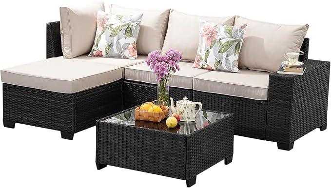 Beige Rattan Patio Sofas All Wicker Conversation Sets 5 Pieces Outdoor Patio Furniture Set with Tea Table for Garden Backyard Poolside Party