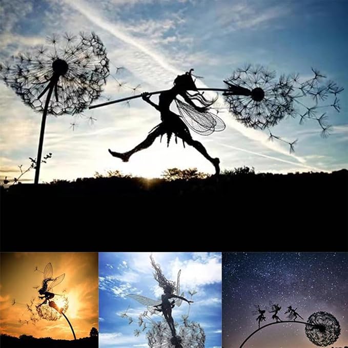 Fcteap Flower Fairy Dancing with Dandelion Garden Art Sculpture Stainless Steel Statue Christmas Halloween Decoration for Outdoor Yard Courtyard Lawn Patio Metal Ornaments (Three Persons)