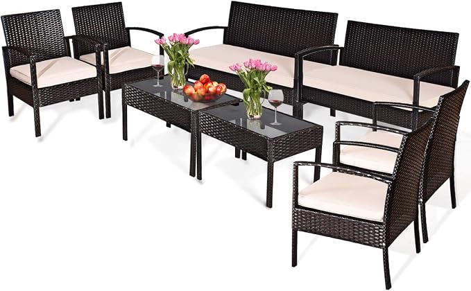 COSTWAY 8 PCS Patio Rattan Conversation Furniture Set Cushioned Seat Glass Tabletop