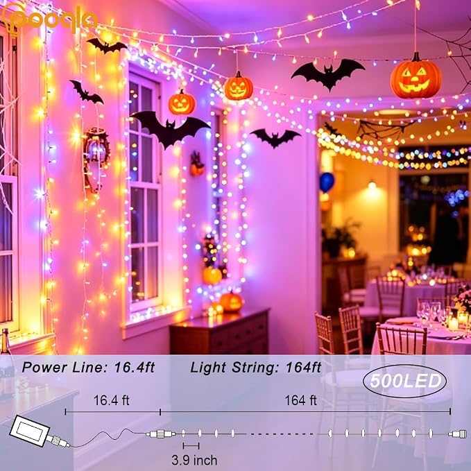 500 LED Orange Purple Halloween Lights Outdoor String Lights, 164 ft | Green Wire Waterproof Twinkle Fairy Lights with Timer, 8 Modes Connectable String Lights Indoor Halloween Decorations