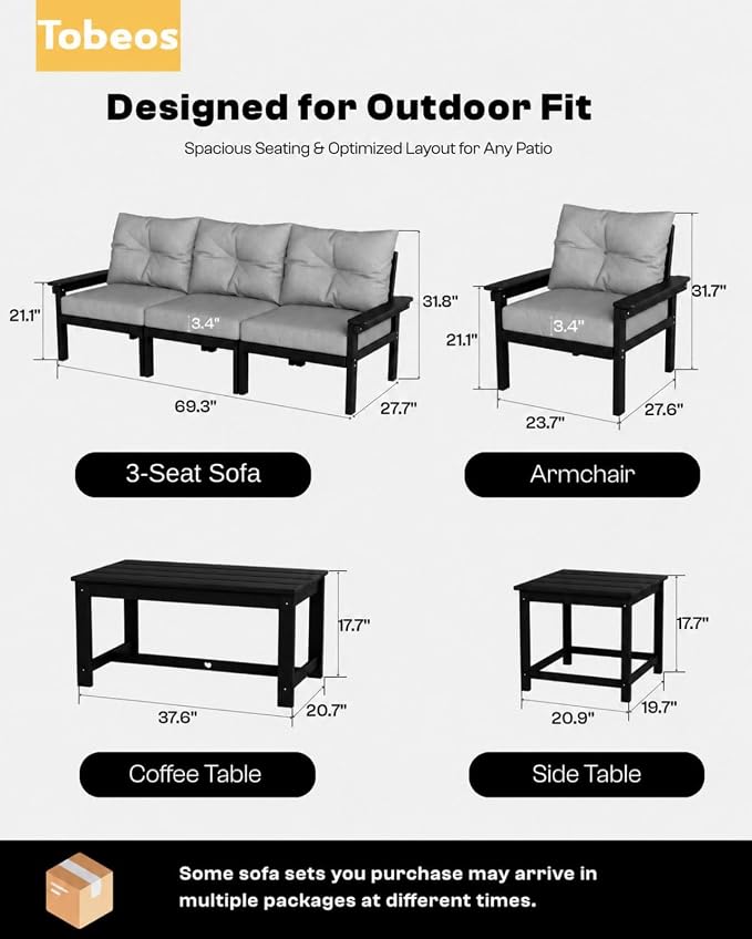 HDPE 4 Piece Patio Furniture Set, All-Weather Outdoor Couch with Thick Cushions & Coffee Table & Side Table, Patio Conversation Sets for Lawn, Garden, Porch, Balcony, Deck, Poolside,Black Grey