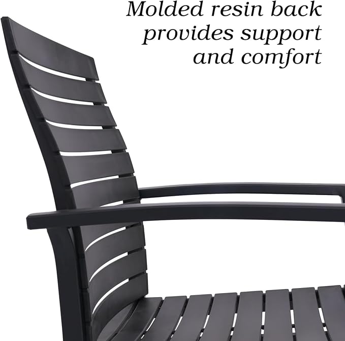 7 Piece Patio 29" Heigh Rectangular Table and Aluminum Chairs Dining Set | Aluminum Frame Chairs, Resin Chair Seat, Resin Chair Back, 6 Piece Stackable Chairs, 1 Piece Black Metal Table, 6 Person Set