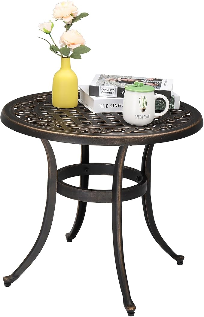 Bonnlo 23.6 Inch Cast Aluminum Outdoor Side Table, Anti-Rust Coffee Bistro Table for Outdoor, Patio, Garden, Porch, Balcony End Table (Round, Bronze)