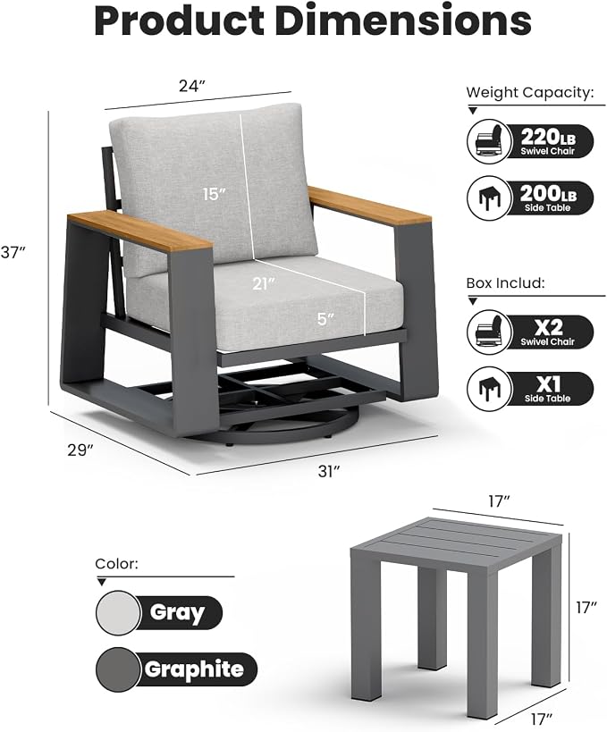 Aluminum Outdoor Patio Furniture Set, 4-Piece Patio Conversation Set with 5" Thick Cushions, Aluminum 360-Degree Large Outdoor Furntiure Set with Side Table and 3-Seat Sofa, Gray