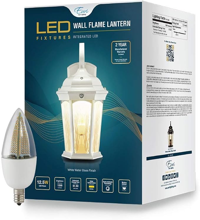 Euri Lighting EFL-140W-MD Flickering Flame Lantern, Water Glass, with Integrated Security Light (3000K), Photocell and Motion-Sensor (Dusk-to-Dawn), White Housing